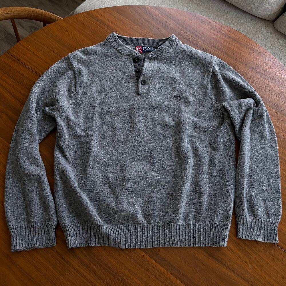 Vintage CHAPS Mens Henley Sweater Medium M Gray Y2K 100% Cotton Mock Neck Knit